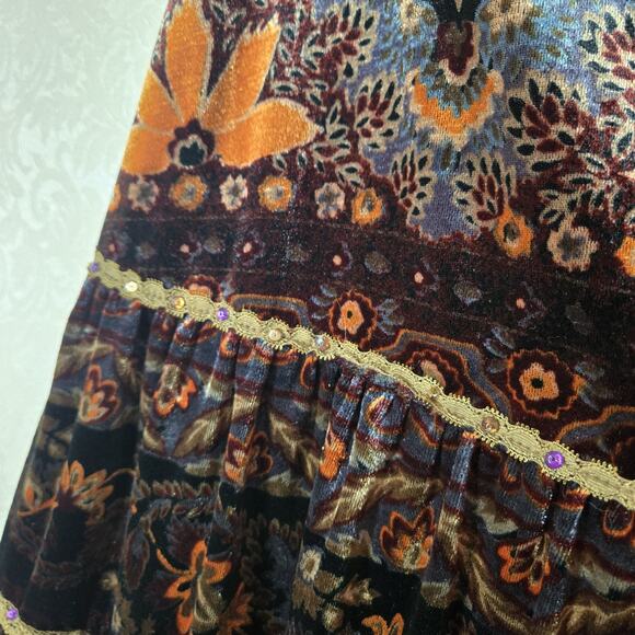 VTG ICE Velvet Maxi Skirt sz 8 Multicolor Dark Floral Tiered Lace Accent Boho - Picture 6 of 16